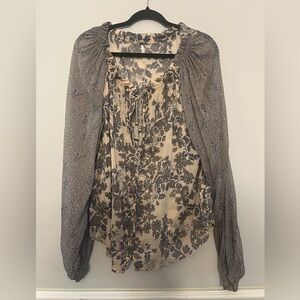 Free People Tan Ruched Tie Front Blouse Size Medium